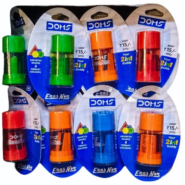 Doms ErasNer Eraser + Sharpner Blister Pack | Durable & Strong Built Quality | 4 Different Shapes in 5 Vibrant Colors | Scientifically Angled Blade With Anti-rust Coating | Pack of 10 Pieces