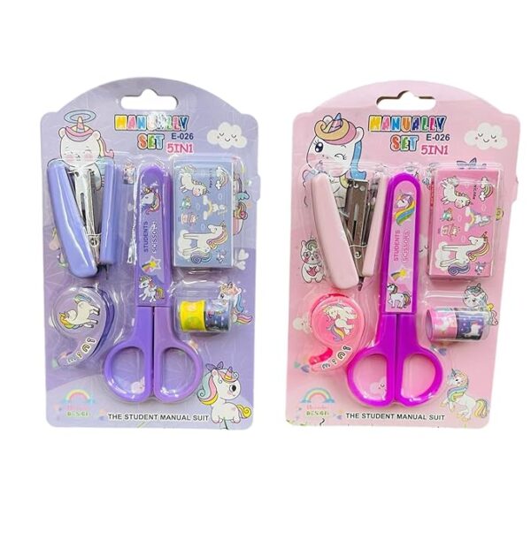 Unicorn Manual Stationery Set, 5-in-1 Stationery Set, Tapes, Stapler, Stapler Pins, Scissors Set Gifting Combos of Essential Items for Girls