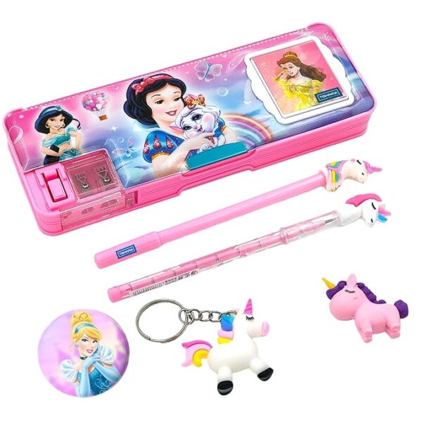 Plastic Princess Pencil Box Integrated Sharpener And Calculator,Magnetic Lock,Dual Compartments,Cartoon Stationery Case School Kit For Girls,Kids,Students Combo Set Of 6 In1-Multicolor